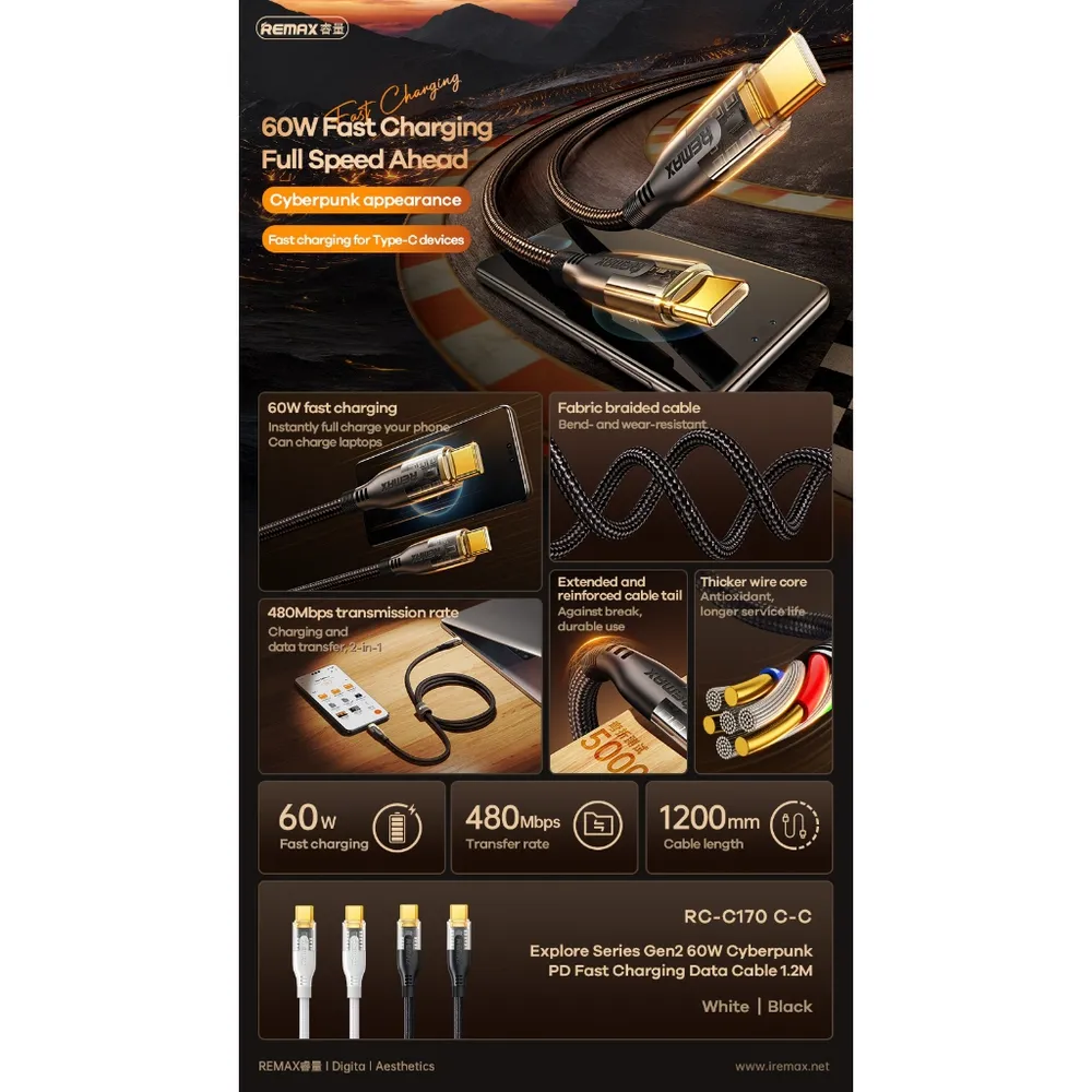 کابل دو سر تایپ سی ریمکس مدل RC-C170 C-C توان 60 وات Gen2 PD